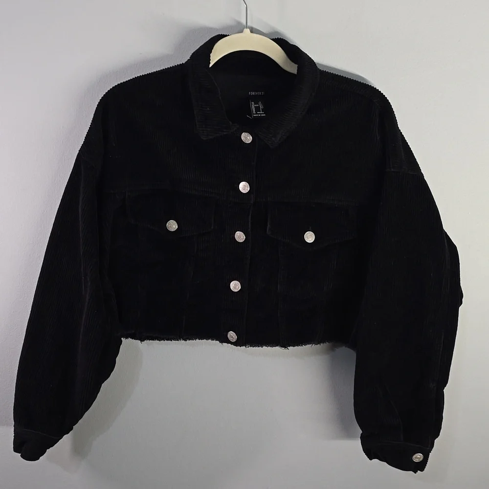Forever 21 Black Ribbed Corduroy Crop Jacket Button Up Women's Size Small Black7